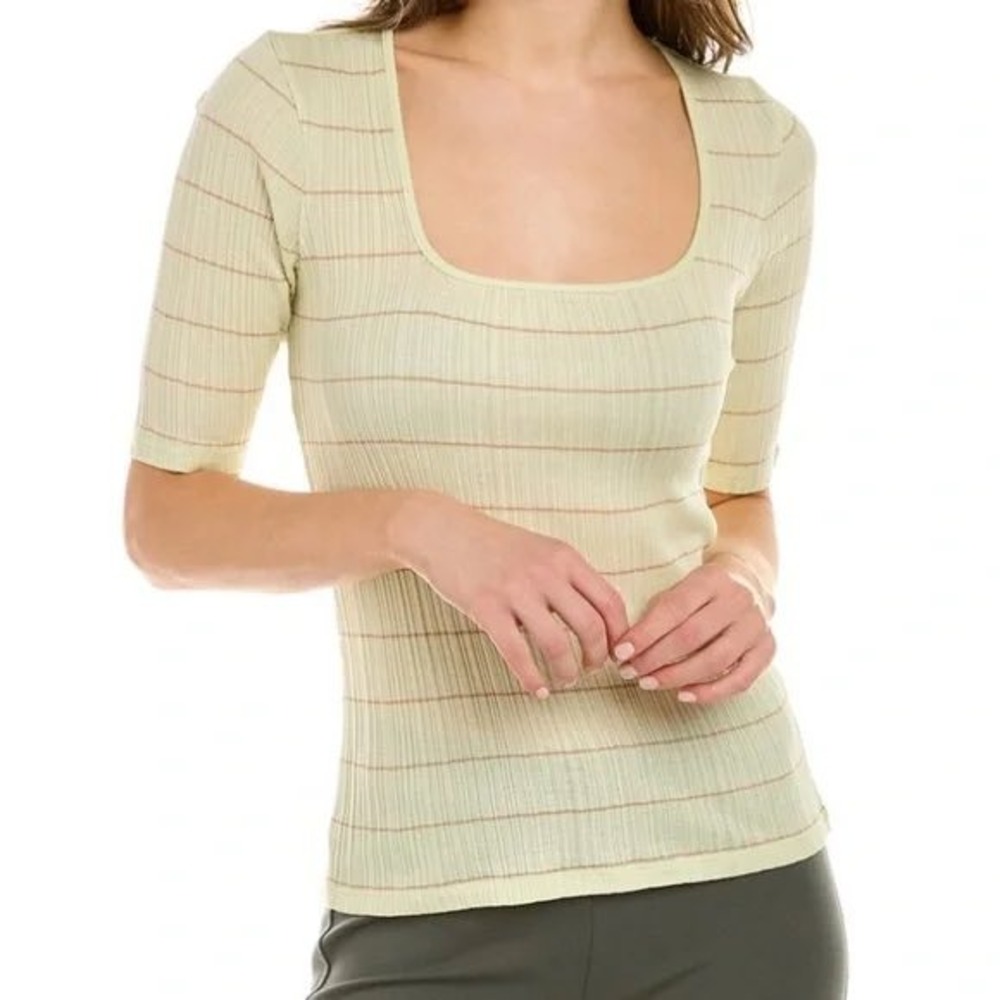 NWT Vince Womens Green Striped Ribbed Knit Cotton Half Sleeve Top V818683904 SzM
